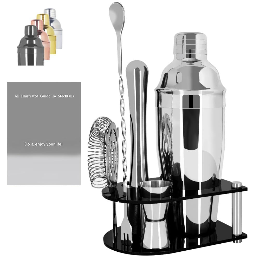 Cocktail Shaker Bartender Kit: 5 Piece Stainless Steel Bar Set, Cocktail Shaker Set with Stand, Drink Mixing Kit Includes Shaker,Strainer,Jigger, Bar Mixer Spoon, Muddler ﻿(750ml(25oz))
