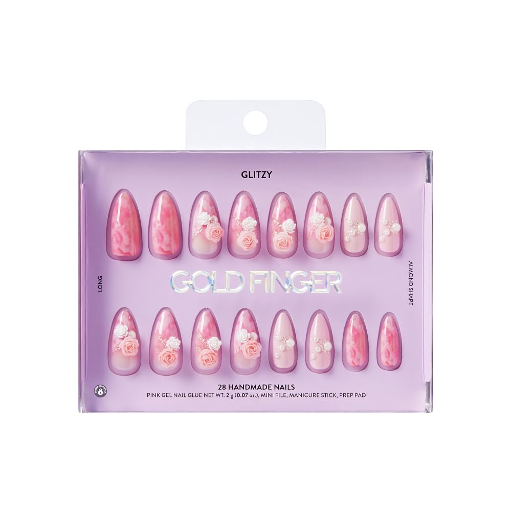 Glitzy 3D Handmade Press On Nail Kit, Rhinestone Gem Cloudy Pink Rose Long Almond False Nail, Reusable & Lasts Up To 2 Weeks, Seamless Snug Fit Technology, Includes Glue, File & 28Pcs Manicure Set
