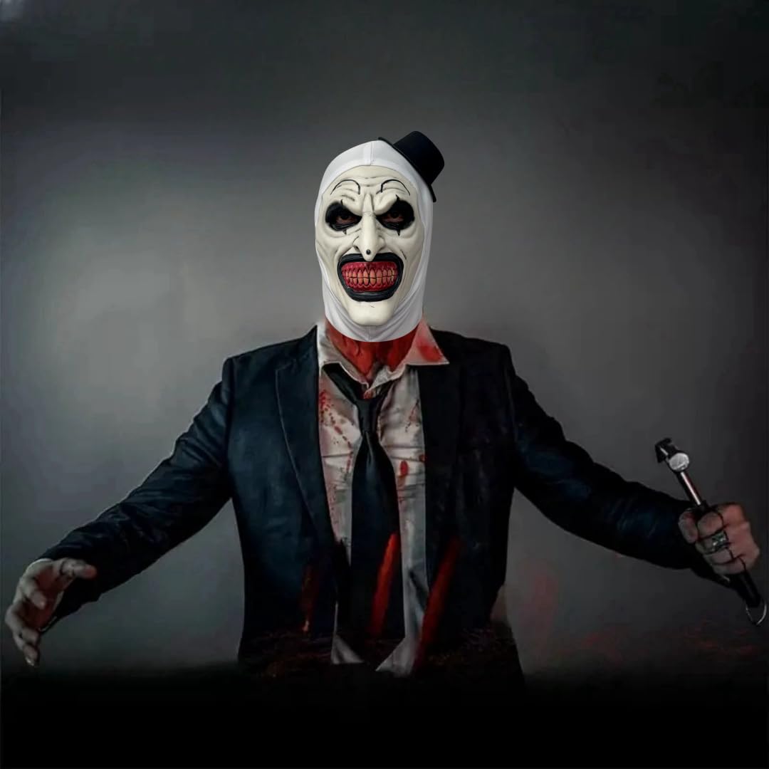 NTSWZYS Terrifier Art the Clown Mask 2025 Full Head Creepy Killer Masks for Halloween Party Props(Style 2-BlackWhite Hat)