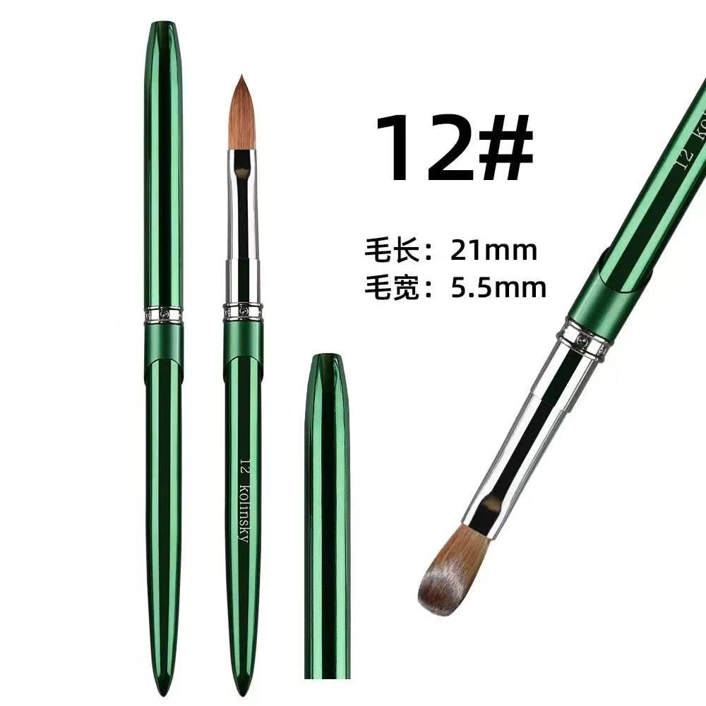 100% Kolinsky Nail Art Brushes Acrylic Nail Brushes Pure Kolinsky Hair Acrylic Crystal Chrome Green Handle with Silver Ferrule Round Shaped for Women Girls Manicure Tools Accessories-Size 12