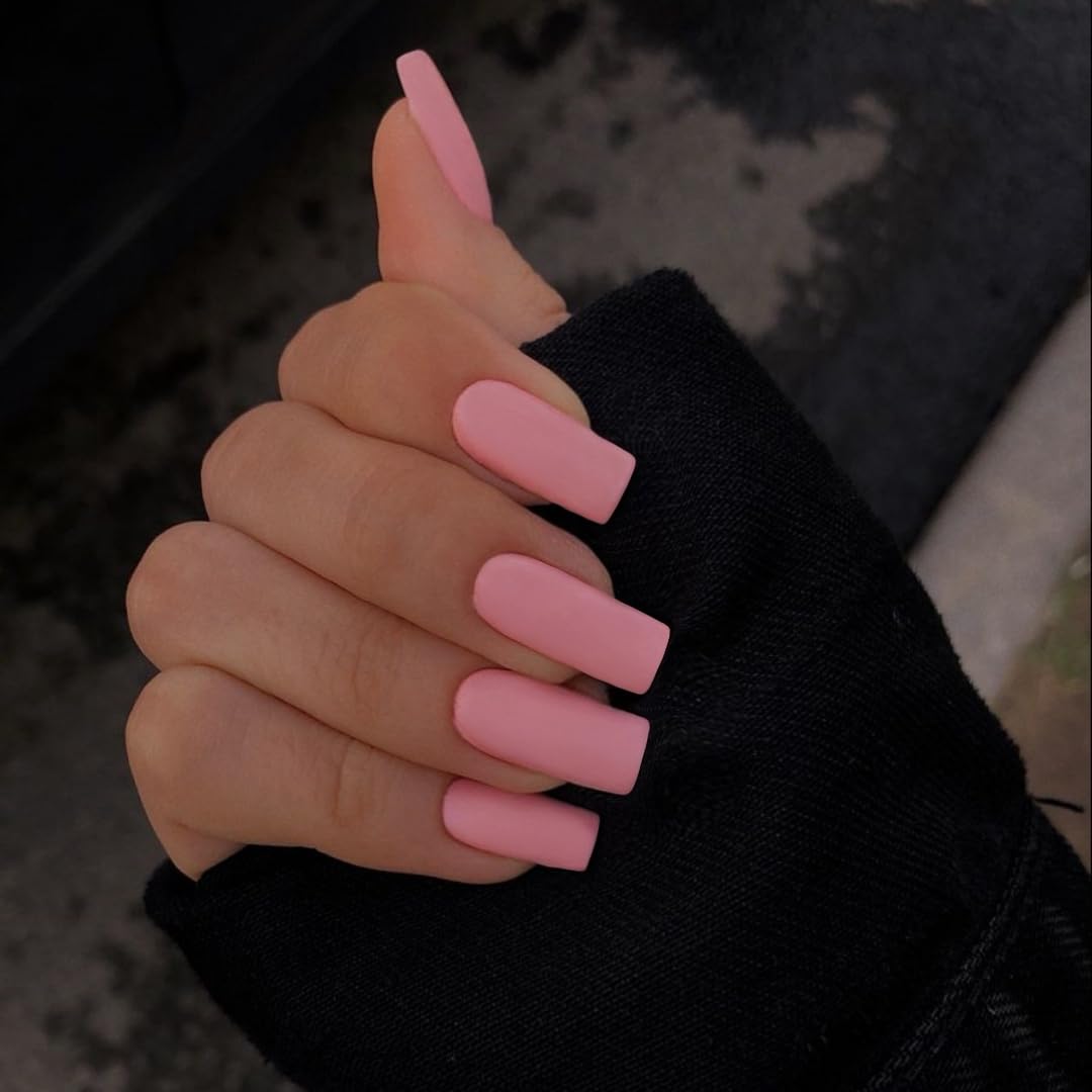 KQueenest Matte Rose Pink Press on Nails Long Medium Square, Fake Nails Press ons, Glue on Nails Coffin For Women, Natural Gel Square Tip Nails, Acrylic False Nails for Finger Decoration