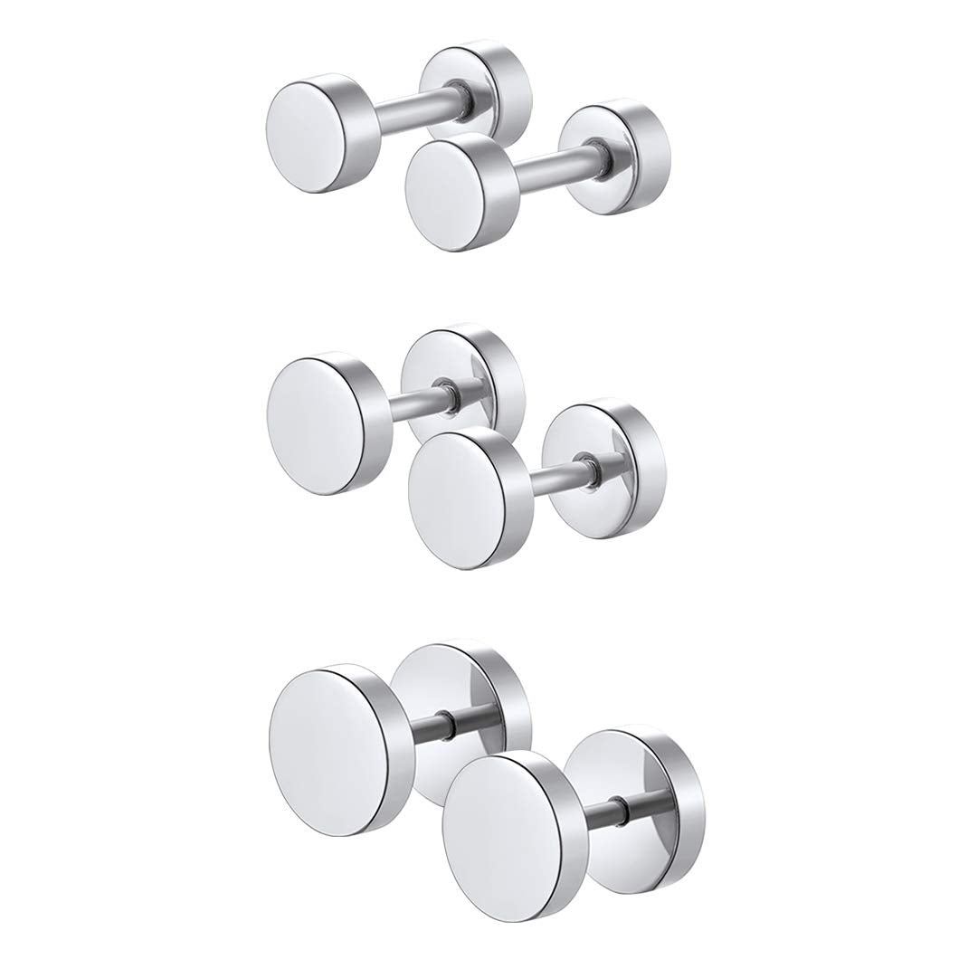 Stainless Steel Round Stud Earrings Set Ear Piercing Plugs Tunnel Men Women Hip Hop Style Jewelry