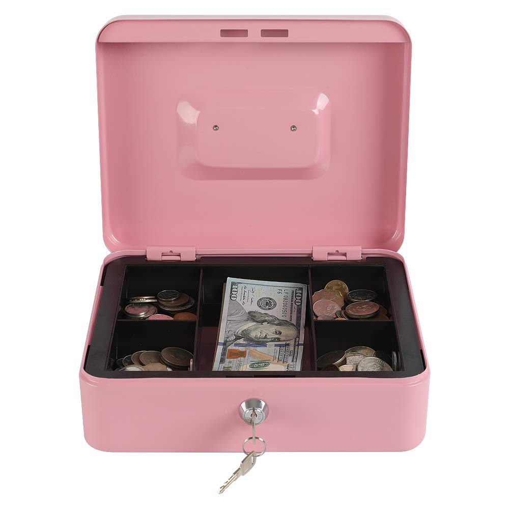 xydled Locking Steel Large Cash Box with Removable Coin Tray and Key Lock,9.84"x 7.87"x 3.54",Pink