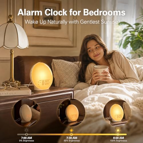 JALL Full-Screen Wake Up Light Sunrise Alarm Clocks for Bedrooms, White Noise Machine for Heavy Sleepers, 25 Natural Sounds, Dual Alarms, FM Radio, 17 Dimmable Colors, Bluetooth Speaker