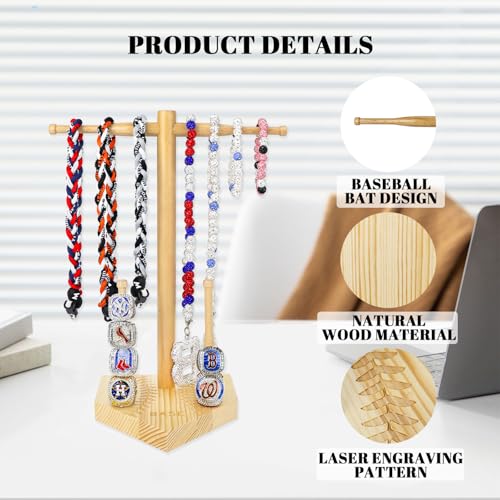 Wooden Baseball or Softball Drip Necklace Organizer Holder, Championship Ring Display Holder, Softball Ring Holder, Sports Ring Holder, Drip Necklace Holder Baseball Display Gift (Natural) - color: Natural