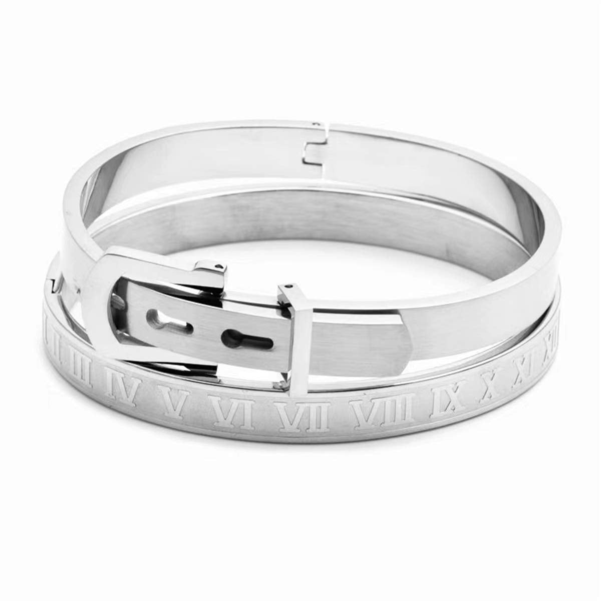 Jarlinwel Gold Silver Plated Bracelets for Men Women Roman Numeral Bangle Bracelet Stainless Steel Personalized Engraved Unisex Gift (2 Pcs Mens Silver Bangle)