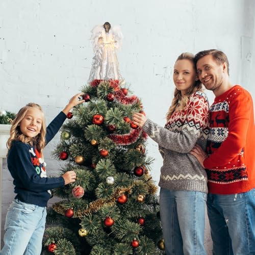 16 Inch Christmas Lighted Angel Tree Topper with Illuminated Wings Silver Leaves Gown, Christmas Tree Top Decor Ornament Flying Fairy Figurine Holidays Indoor Home Decor (Brown)