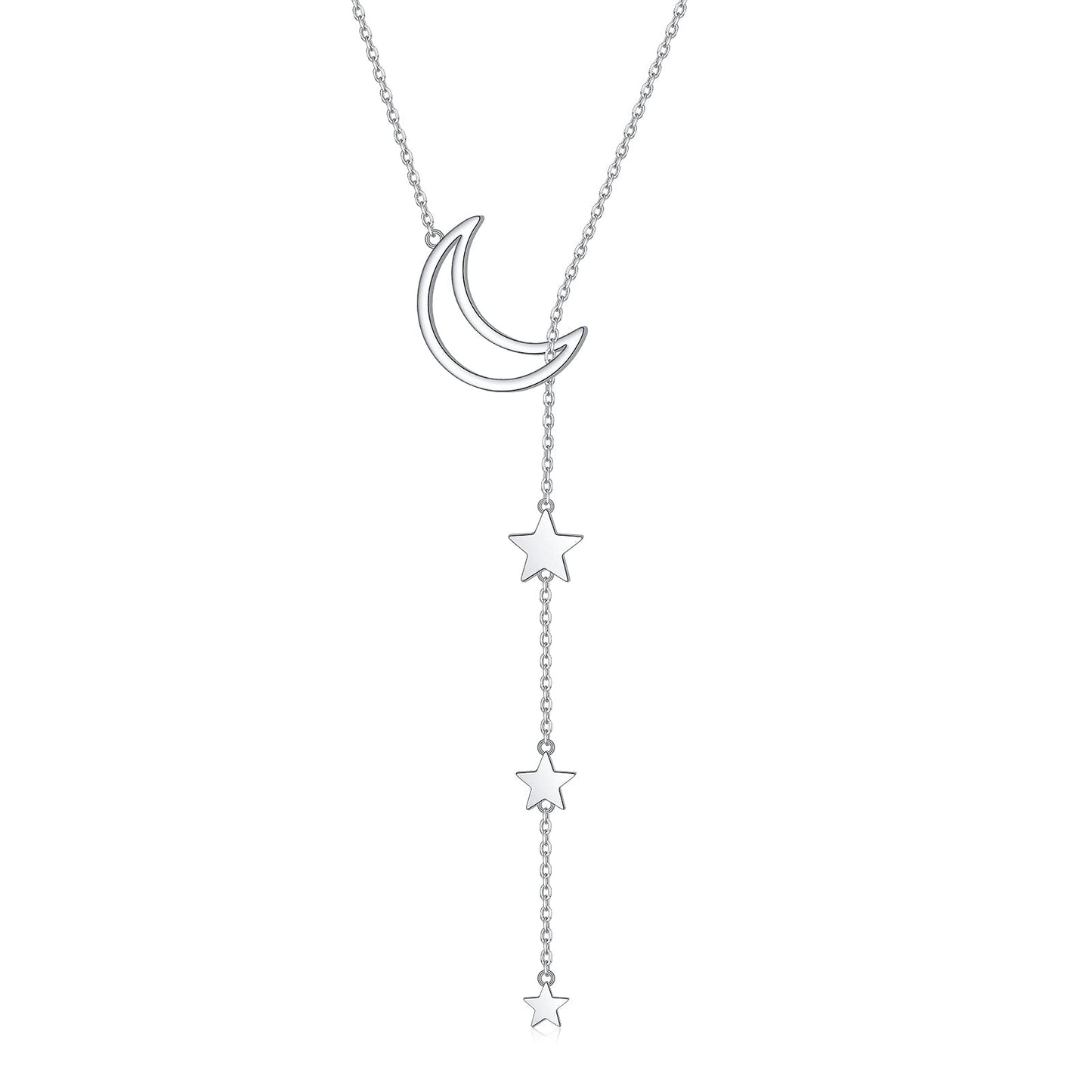 DAOCHONG Moon Star Y Shaped Lariat Necklace Sterling Silver Lariat Long Chain Drop Adjustable Necklace Layered Necklace 30"