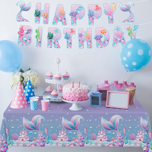 Gatherfun Mermaid Party Supplies Set: 2-Pack Rectangular Plastic Tablecloths, 54 x 108 Inches, Purple (Gradient) Mermaid Pattern, Kids & Girls 1st Birthday Decorations - style: mermaid