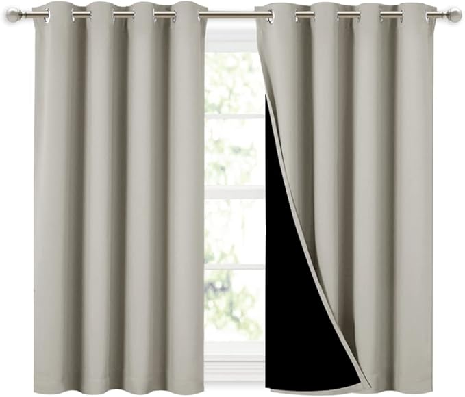 NICETOWN Natural 100% Blackout Curtains 45 inches Long, 2 Thick Layers Completely Blackout Window Treatment Thermal Insulated Lined Drapes for Small Window (1 Pair, 52 inches Width Each Panel)