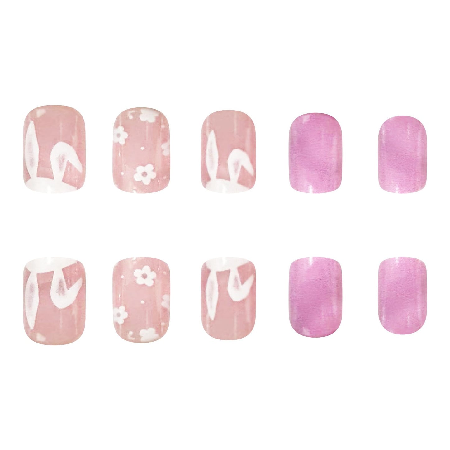 Short Square Fake Nails Easter Nails Press ons Pink Acrylic False Nails with Cute Rabbit Designs Full Cover Stick on Nails Flower Glue on Nails Press on Nails Easter for Women 24Pcs