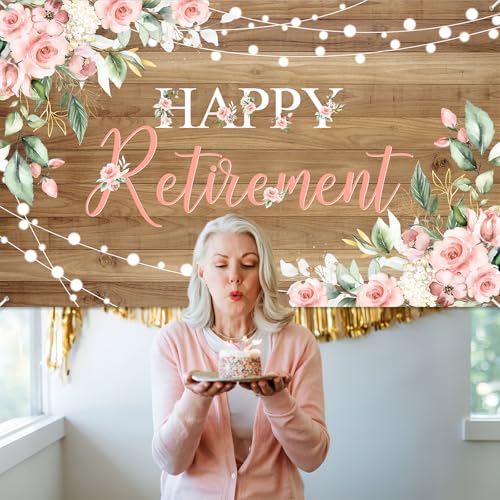 Mocsicka Rustic Retirement Backdrop Banner Women Happy Retirement Party Decorations Pink Floral Retired Party Photo Booth Props (6x3.6ft) - size: 6x3.6ft