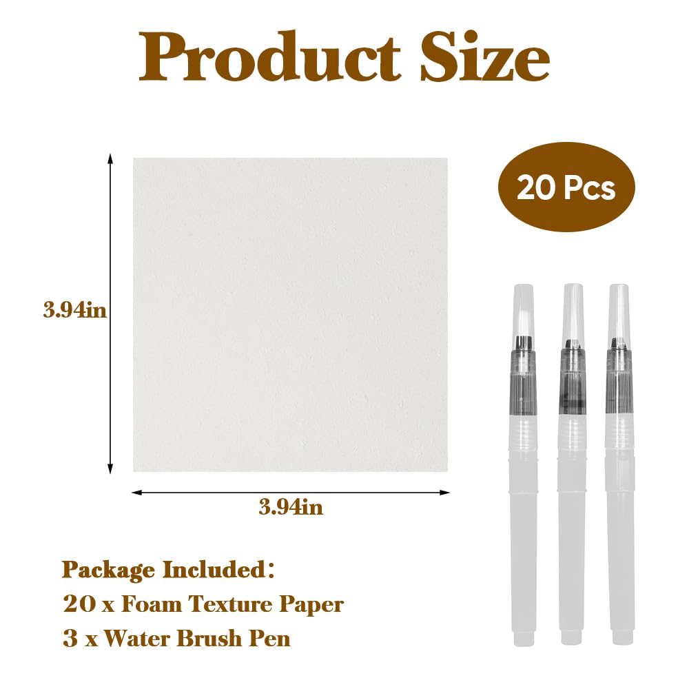 Derkerry Magic Foam Texture Paper - 3D Drawing Magic Canvas Sponge with Water Brush, 20 PCS 4" x 4" White Cellulose Cards DIY Art and Craft Supplies for Acrylics Painting