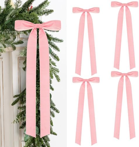 Velvet Bows for Christmas Tree Pack of 4 Large Rustic Crafts Gift Wreath Bow Ornaments for Xmas Topper Staircase Home Wedding Outdoor Interior Decor, 2" Width, 23 x 8.7 Inch (4, Pink)