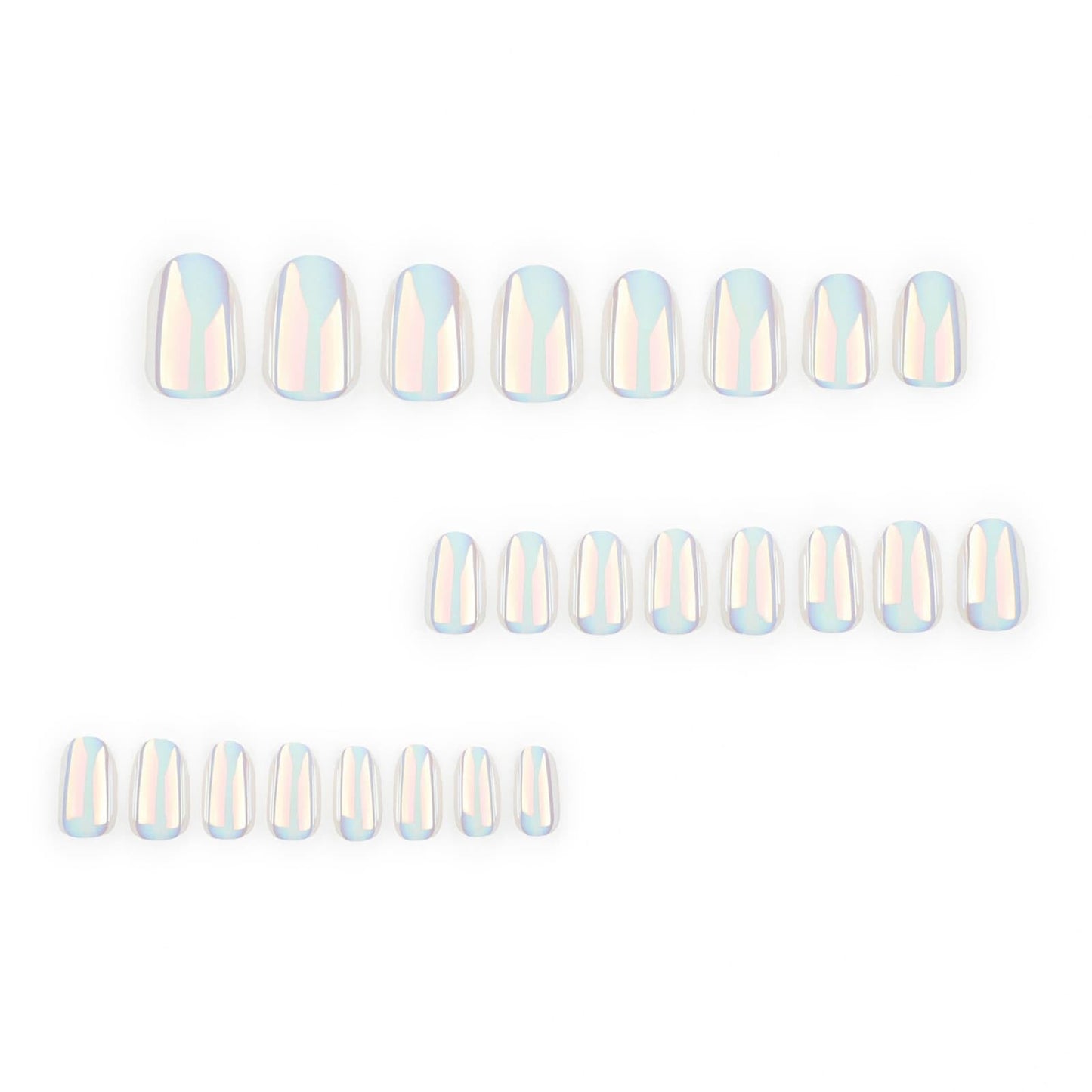 Medium Almond Press on Nails White Chrome Fake Nails with Ice Iridescent Stiletto Design Acrylic Full Cover Glue on Nails Reusable Stick on Nails Glossy Artificial Nails for Women 24 Pcs