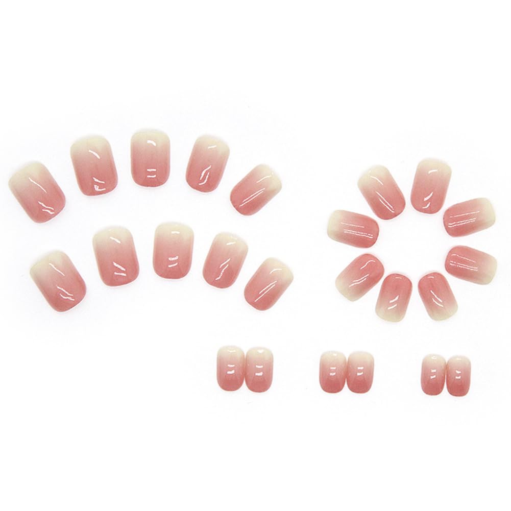 24Pcs Acrylic Press on Nails Short Square RUPOFUZA Fake False Nails with Pink Ombre Press ons Designs Nail Press on Artificial Stick on Nail for Women