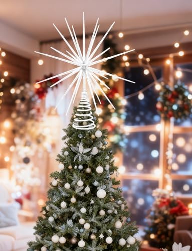 13.7 Inch White Christmas Tree Topper - 3D Burst White Tree Topper, Exploding Star Christmas Tree New Year Holiday Tree Decoration
