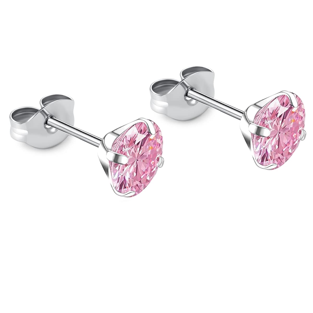 1 Pair Implant Grade Titanium Stud Earrings Set Hypoallergenic 3mm 4mm 5mm 6mm Cubic Zirconia G23 Titanium Earring Studs for Women Men for Sensitive Ear (6mm pink)