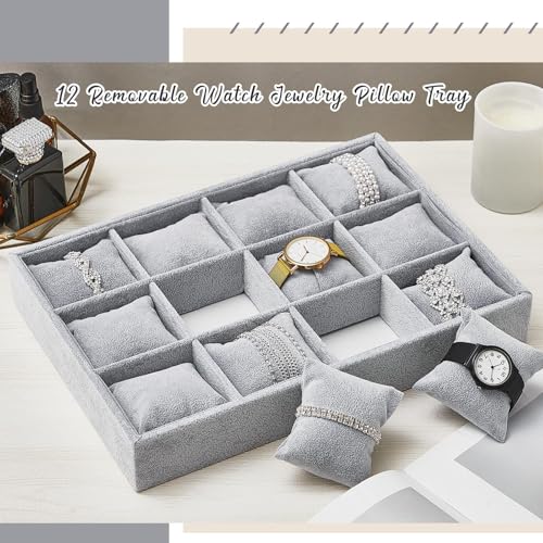Henoyso 2 Pieces 12 Grid Velvet Watch Tray Jewelry Organizer Stackable Watch Bracelet Bangle Display Holder Adjustable Pillow (Gray) - color: Gray, size: 12 Grid