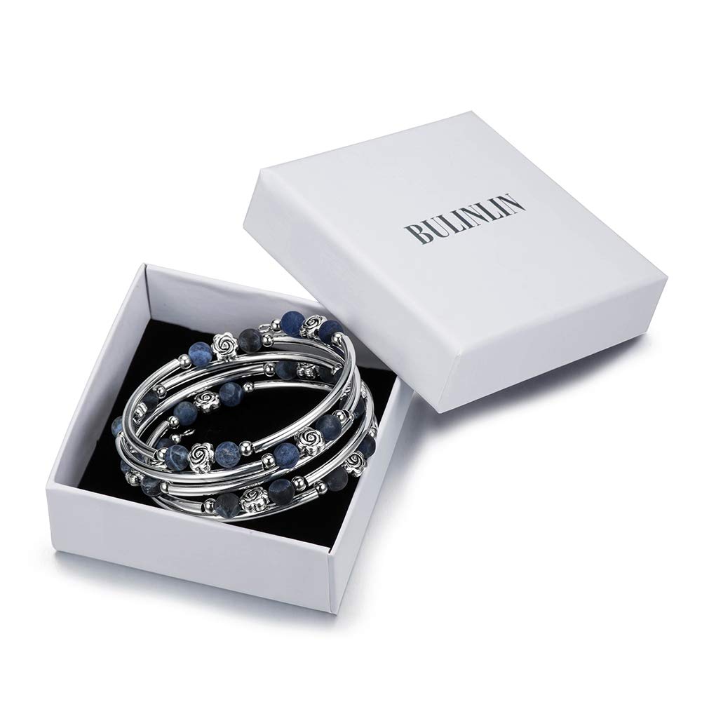 BULINLIN Wrap Bangle Rose Bead Bracelet - Beaded Bracelet with Natural Agate Stone Gifts For Women(01-Navy blue)