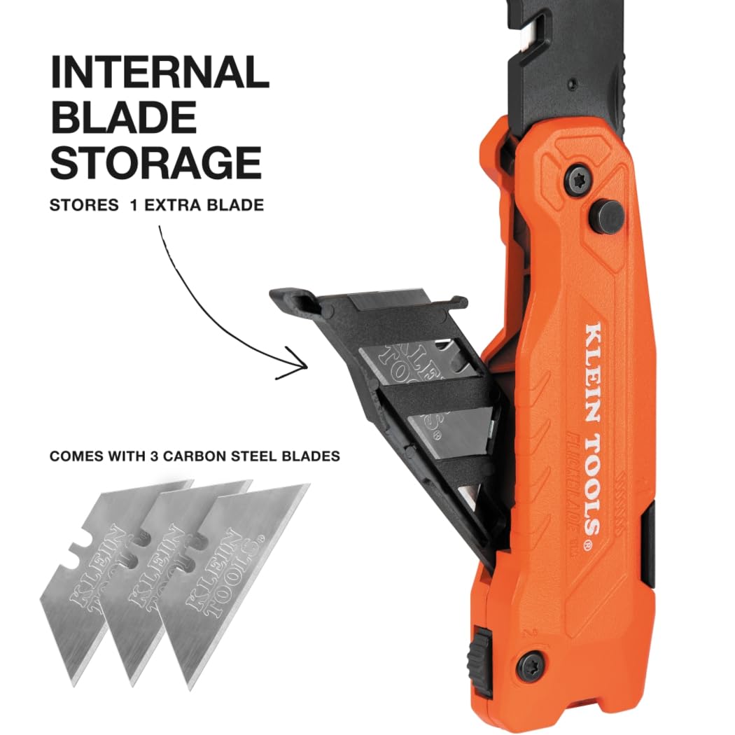 Klein Tools 44306 FLICKBLADE 2-in-1 Folding Utility Knife and Scraper with Built-In Blade Storage, Dual Locking Positions, Includes 3 Triple-Ground Carbon Steel Blades