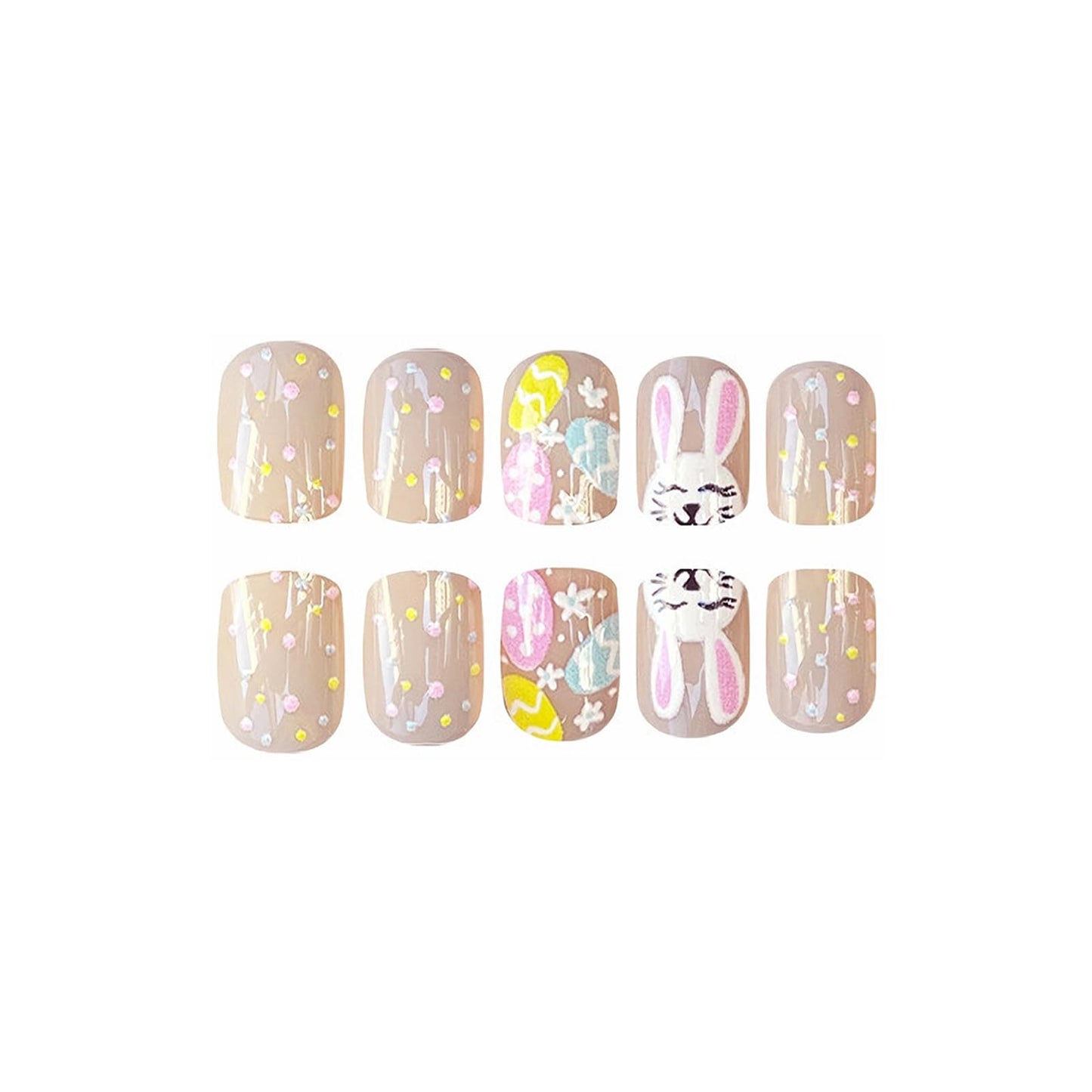 MISUD Press on Nails - Short Square Fake Nails with Colorful Polka Dot, Acrylic Easter Bunny Eggs Design 24 pcs
