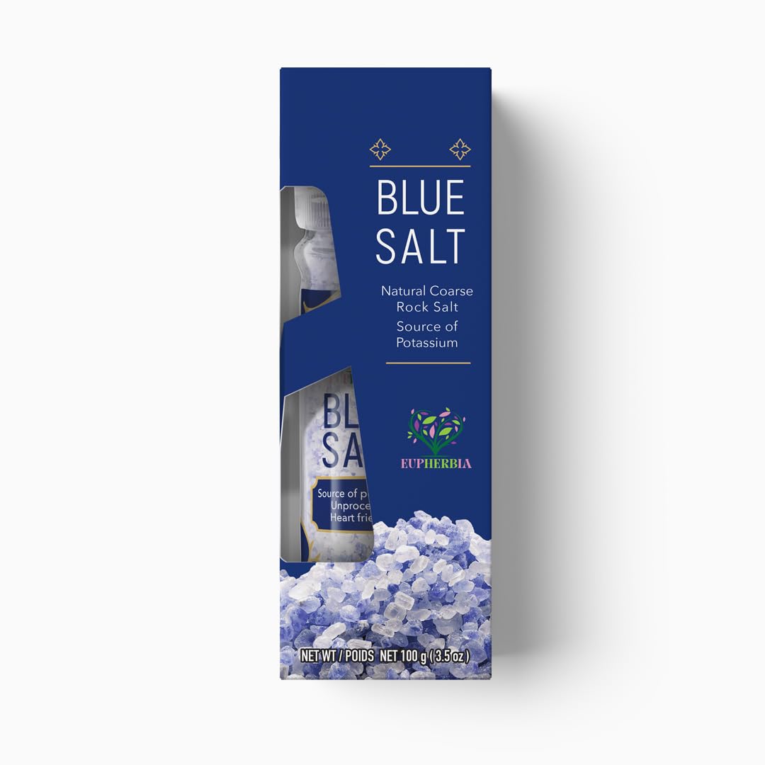 EUPHERBIA Blue Salt, Coarse, Rare Mineral Salt, High Potassium, Lower Sodium, Natural, Unprocessed, Hand Harvested, Kosher Certified (100g with Grinder)