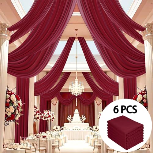 DUOBAO Burgundy 5x20ft Chiffon Ceiling Drapes 6pc Elegant Sheer Wedding Backdrop Curtains Ideal for Tent, Banquet Hall, and Photography - color: Burgundy, size: 60"W x 240"L (Pack of 6)