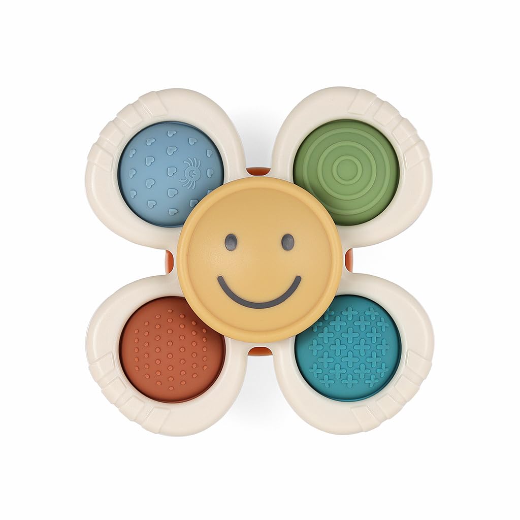 Itzy Ritzy Pop & Whirl – Fidget Spinner Travel & Bath Toy for Babies & Toddlers – Fidget w/Textured Silicone Poppers to Develop Fine Motor Skills – Sticks to Highchairs, Tables, Tubs More (Smile)