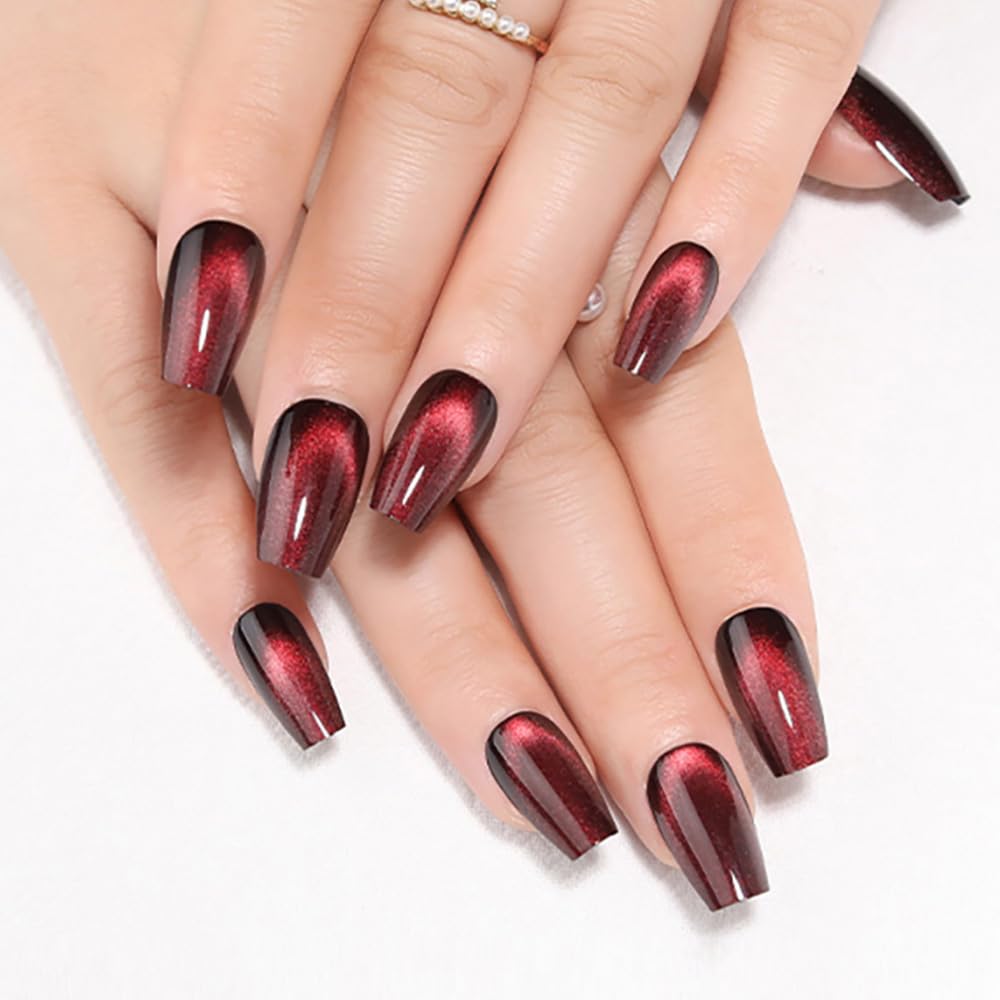 evpct Deep Burgundy Red Cat Eye Press on Nails Square Medium Coffin No Glue, Medium Square Stick on Nails for Women, Dark Red Metallic Glitter Glossy Reusable Spring Summer Press on Acrylic Fake Nail