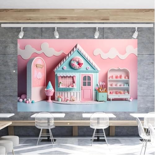 Pink Ice Cream Shop Candy House Background for Photoshoot Girl Birthday Party Decoration Children Happy First 1st Birthday Party Backdrop Summer Candy House Baby Shower Backdrop (9X6FT) - size: 9X6FT