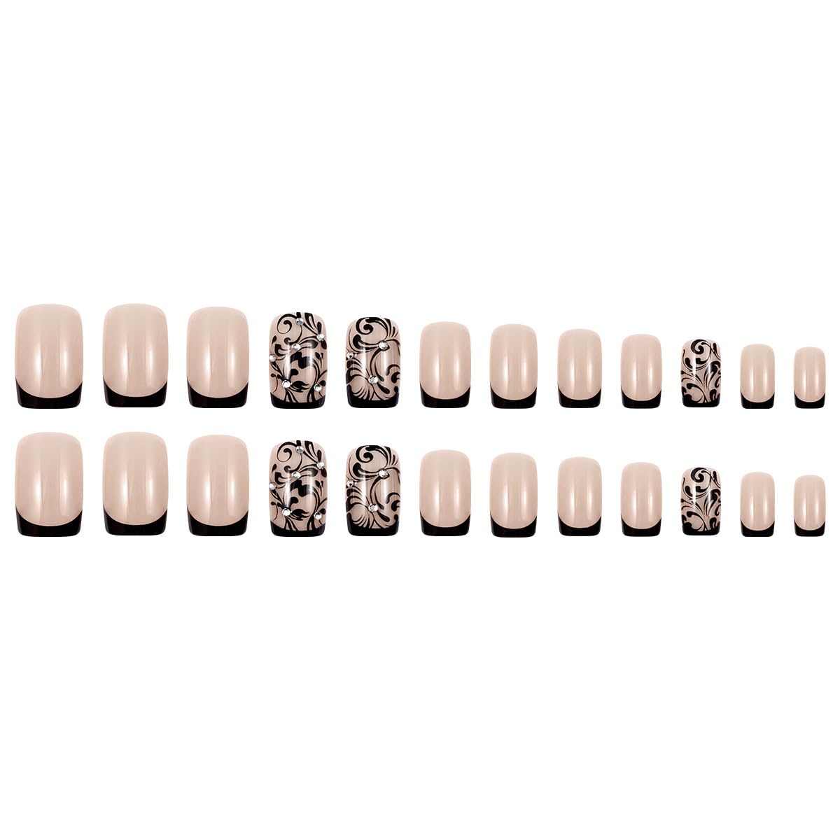 24 Pcs Press on Nails - Black French Tip with Elegant Swirl Design & Rhinestones - Glossy Reusable False Nails Kit with Nail File and Glue Adhesive Tabs