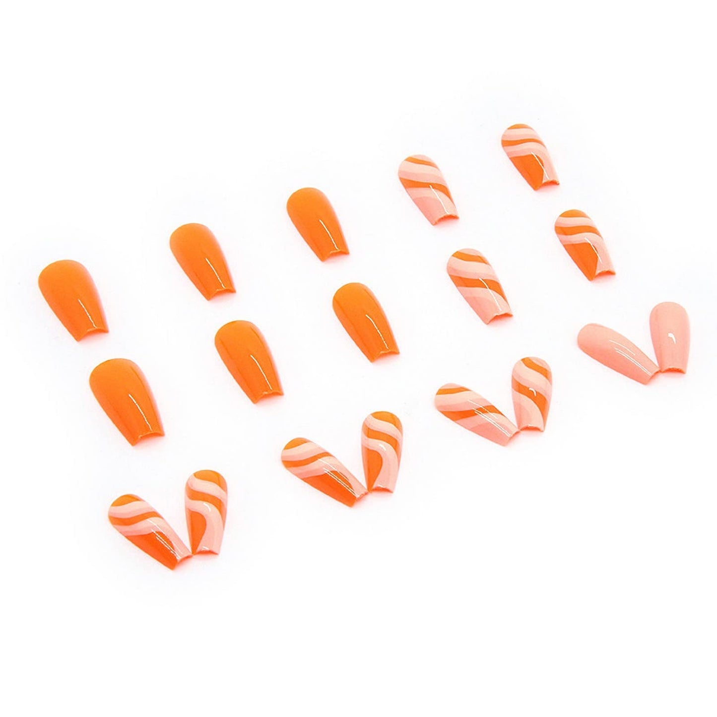 MISUD Press on Nails - Long Coffin Glue on Nails with Orange Swirl, Acrylic Summer Design 24 pcs