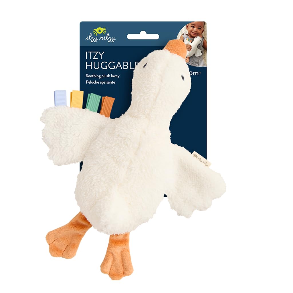 Itzy Ritzy Huggable Lovey – Soft Plush Baby Comfort Toy & Snuggle Companion with Sensory Ribbons - Machine Washable - Designed for Newborns & Toddlers (Goose)