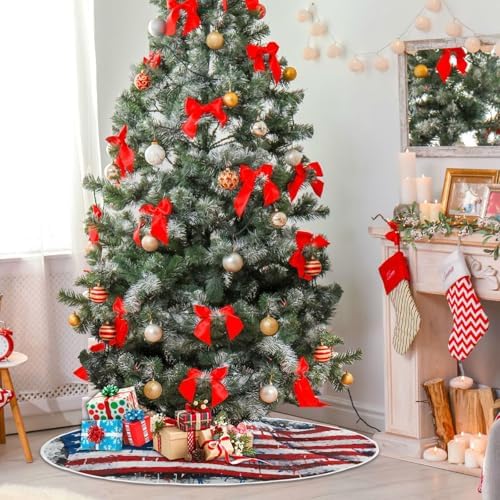 Dussdil Patriotic Us Flag Christmas Tree Skirt 36 Inches Xmas Tree Skirts Seasonal Round Tree Stand Mat Skirt for Holiday House Celebration Party Indoor Home Office Decor Ornaments