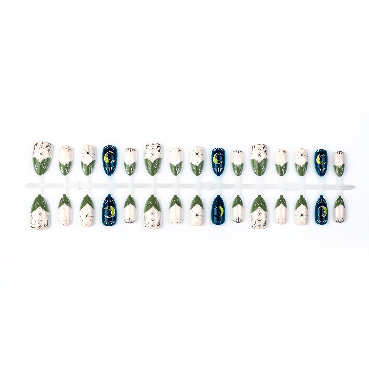 30Pcs Star Press on Nails Medium Almond Fake Nails Green French Tip False Nails with Gilding Moon Design Glossy Full Cover Artificial Glue on Nails Cute Stick on Nails for Women Acrylic Manicure Salon