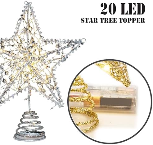 Emopeak Iron Art 20 LED Christmas Tree Topper, 8 x 10Inch Indoor Outdoor Star Treetop Light Two Modes (Keep Light ON/Flash) for 1.5Ft to 9Ft Christmas Tree (Silver, 8 x 10 Inch)