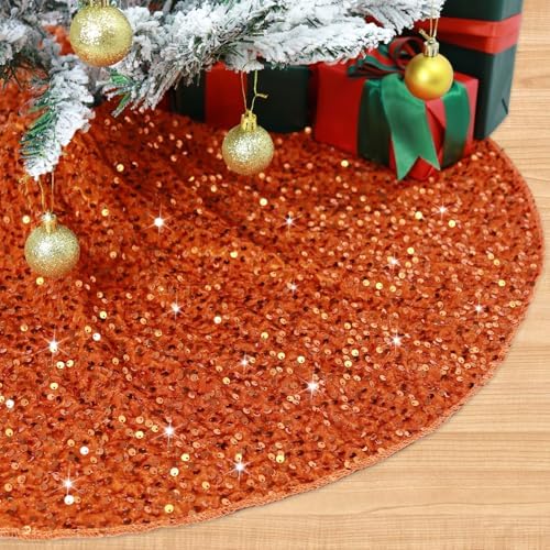 21 Inches Mini Christmas Tree Skirt - Orange Sequins for Pencil Tree Mat, Burnt Orange Glitter Halloween Skirt, Small Velvet for 4ft Xmas Tree Decorations