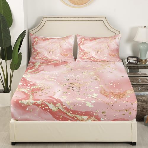 Manfei Marble Texture Fitted Sheet Pink Marble Pattern Golden Sequins Print Bedding 3pcs Microfiber Bed Sheet Set (1 Fitted Sheet + 2 Pillow Cases) Queen Size - color: Multi 17, size: Queen (60*80*16")
