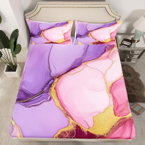 Marble Sheet Set - Pink Purple Gold Bed Sheets,Soft Modern Marble Texture Pattern Sheets,King Size 4-Piece Girly Bedding Sheets & Pillowcases Sets (1 Fitted Sheet,1 Top Sheet,2 Pillowcases) - color: Multi 01, size: King