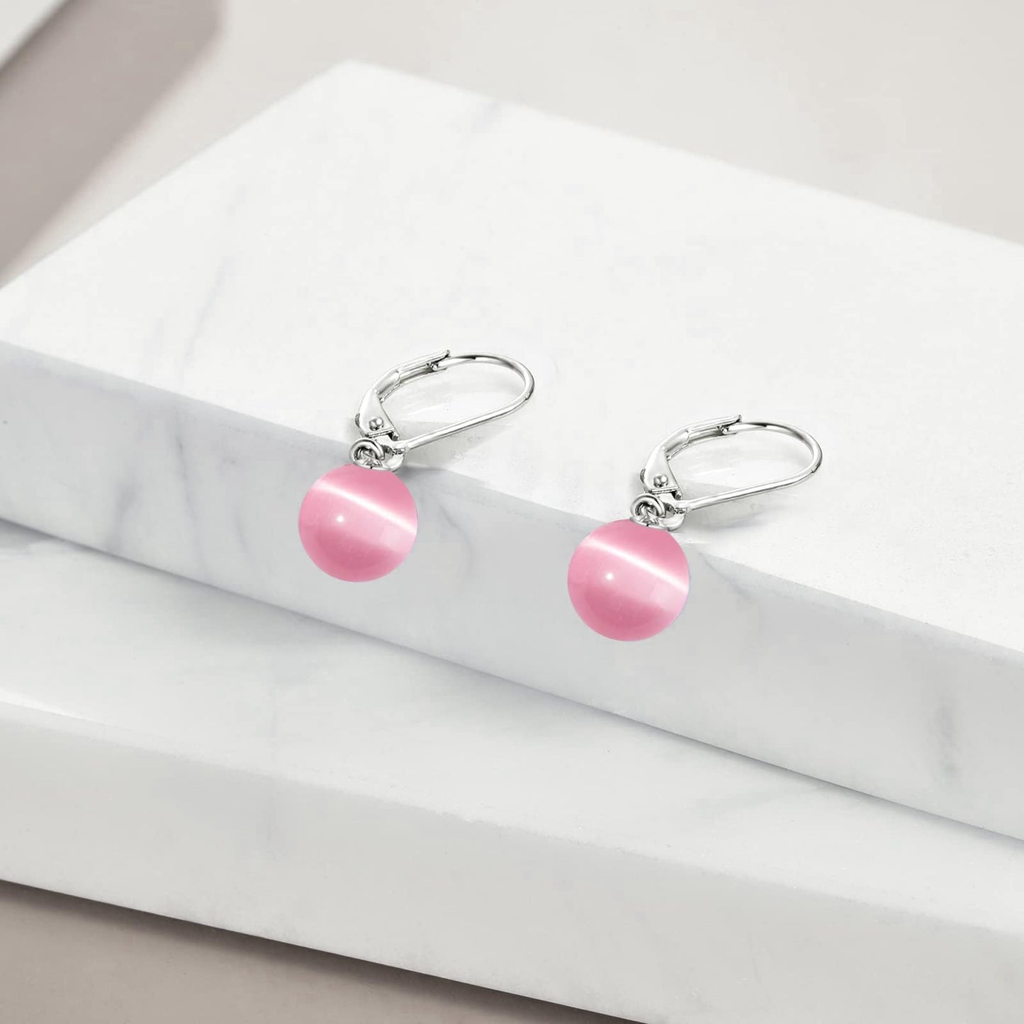 925 Sterling Silver Pink Cat's Eye Leverback Earrings Dangle Drop Jewelry Gifts for Women (Pink Cat's Eye)