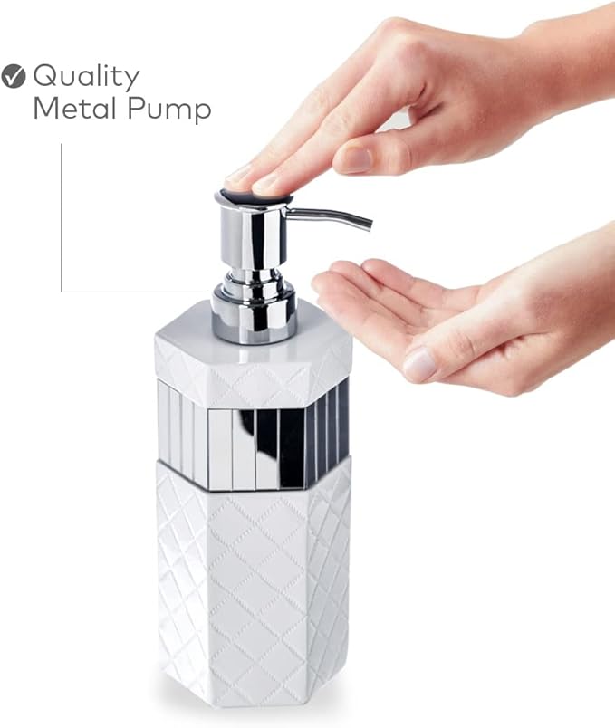 Creative Scents Quilted Mirror White Bathroom Accessories Set - Decorative 6 Piece Bathroom Set Includes: Trash Can, Tissue Box Cover, Soap Dispenser, Toothbrush Holder, Tumbler & Soap Dish