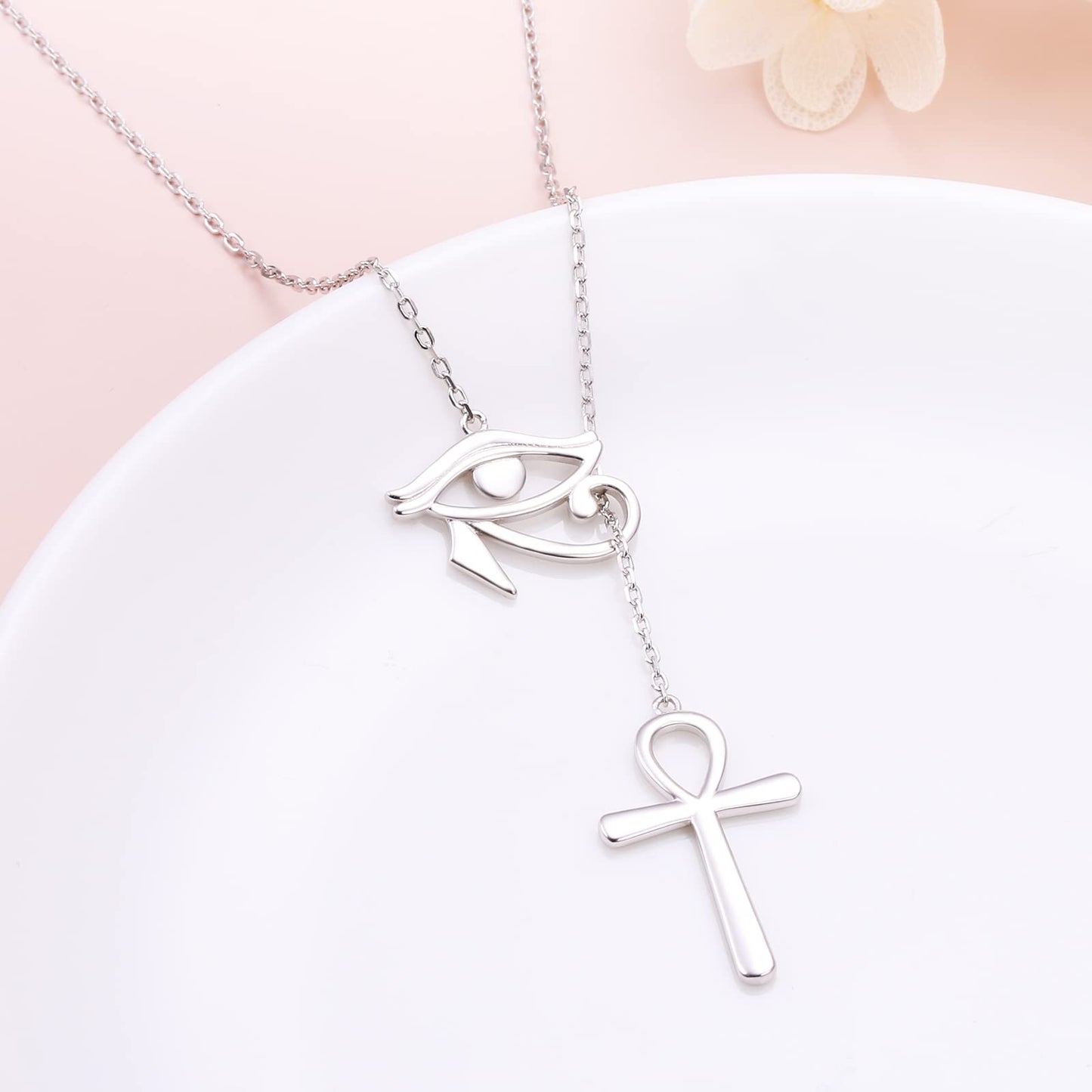 DAOCHONG Long Necklace Sterling Silver Ankh necklace Womens Egyptian Eye of Horus Y Lariat Long Chain Drop Adjustable Necklace Gift for Her, 30"