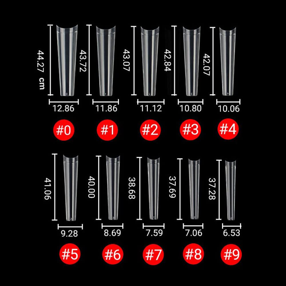 SITELENABY 500pcs Extra Long Clear Acrylic Coffin Nails - No C Curve, 10 Sizes (Coffin 500pcs) With Case