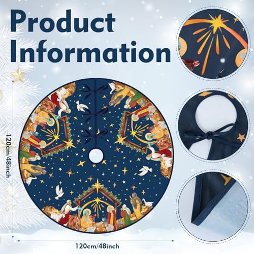Christian Christmas Tree Skirt Religious Jesus Nativity Scene Xmas Tree Mat Navy Blue Christmas Holiday Jesus Indoor Outdoor Party Decor (48 Inches)