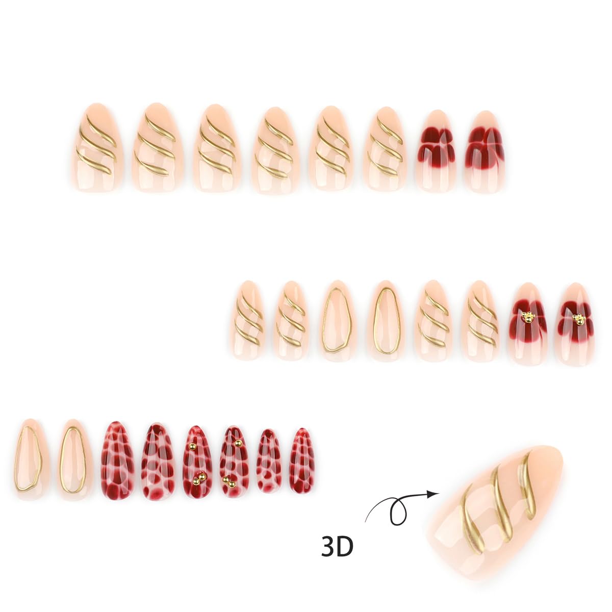 Medium Almond Press on Nails - 3D Gold Line, Red Flower & Alligator Print Design, Full Cover Glossy Fake Nails 24PCS for Women