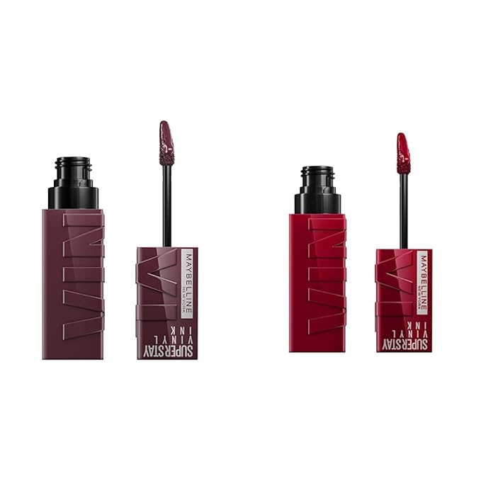 MAYBELLINE Super Stay Vinyl Ink Longwear No-Budge Liquid Lipcolor Makeup Bundle with Royal Deep Wine Red 0.14 fl oz and Fearless Brown 0.14 fl oz Lipsticks