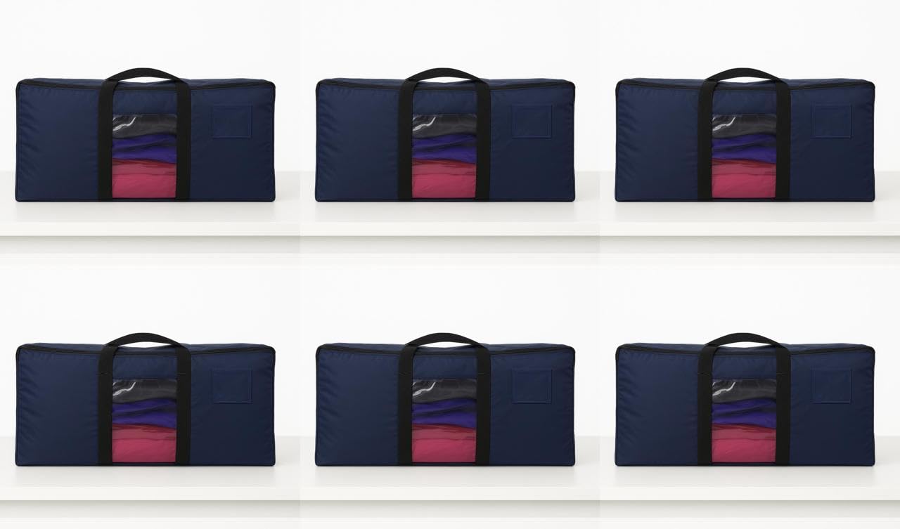 6-Pack Oversized Heavy-Duty Moving Storage Bags with Reinforced Zippers & Soft Grip Handles, Durable Clothes Organizer Totes, Dark Blue Packing Bags Product Dimensions(27L×14W×14H)