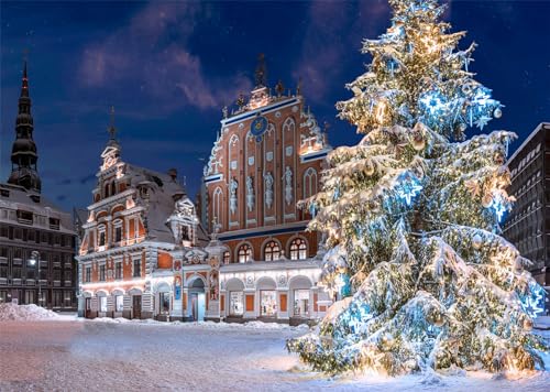 15x10ft Christmas Riga Scenery Backdrop Winter Town Hall Square Snowy Landscape Old Town Christmas Tree Background for Winter Party Decorations New Year Holiday Photo Props Portrait Fabric - size: 15x10FT