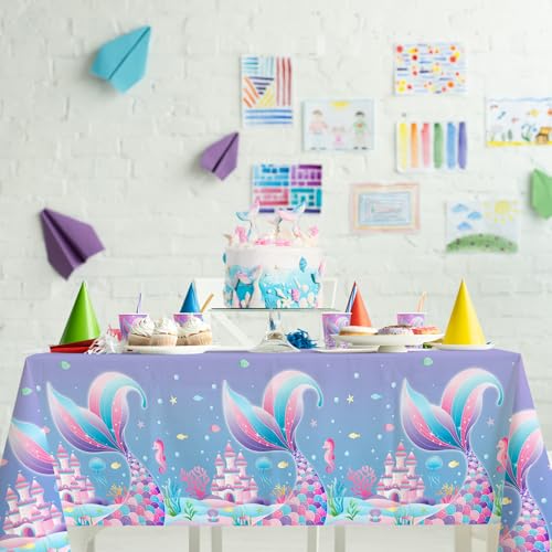 Gatherfun Mermaid Party Supplies Set: 2-Pack Rectangular Plastic Tablecloths, 54 x 108 Inches, Purple (Gradient) Mermaid Pattern, Kids & Girls 1st Birthday Decorations - style: mermaid